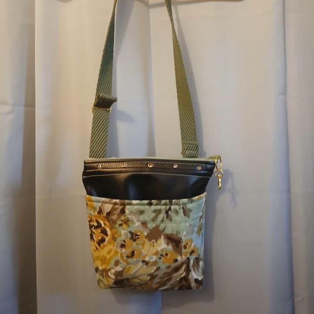 New Travel Sling Crossbody Brown Bronze faux leather & Mint Yellow Floral fabric